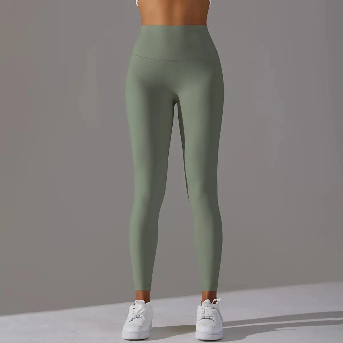 High-waist olive green yoga leggings for women by Simples Market, full-length gym tights