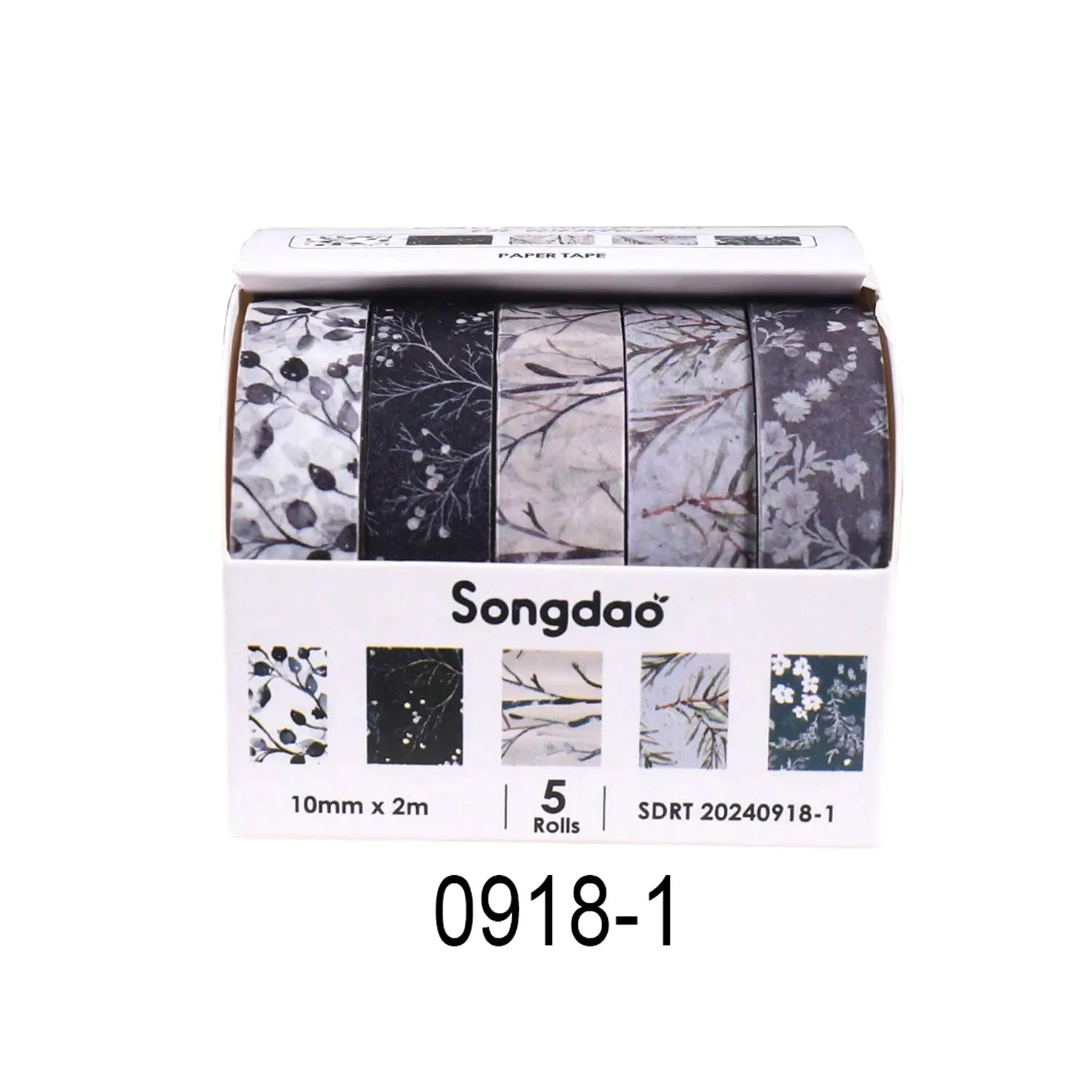 Songdao boxed floral washi tape set with 5 rolls; grayscale flower patterns, 10mm x 2m.