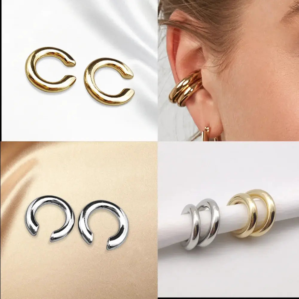 Ear cuffs Simples Market minimalist gold-tone and silver-tone C-shaped ear clips for non-pierced ears, set of two pairs