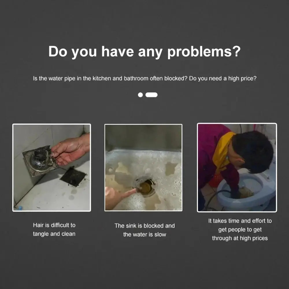 Pipe dredging brush drain cleaner by Simples Market; three panels show hair clogs, slow sink drain, and toilet cleaning.