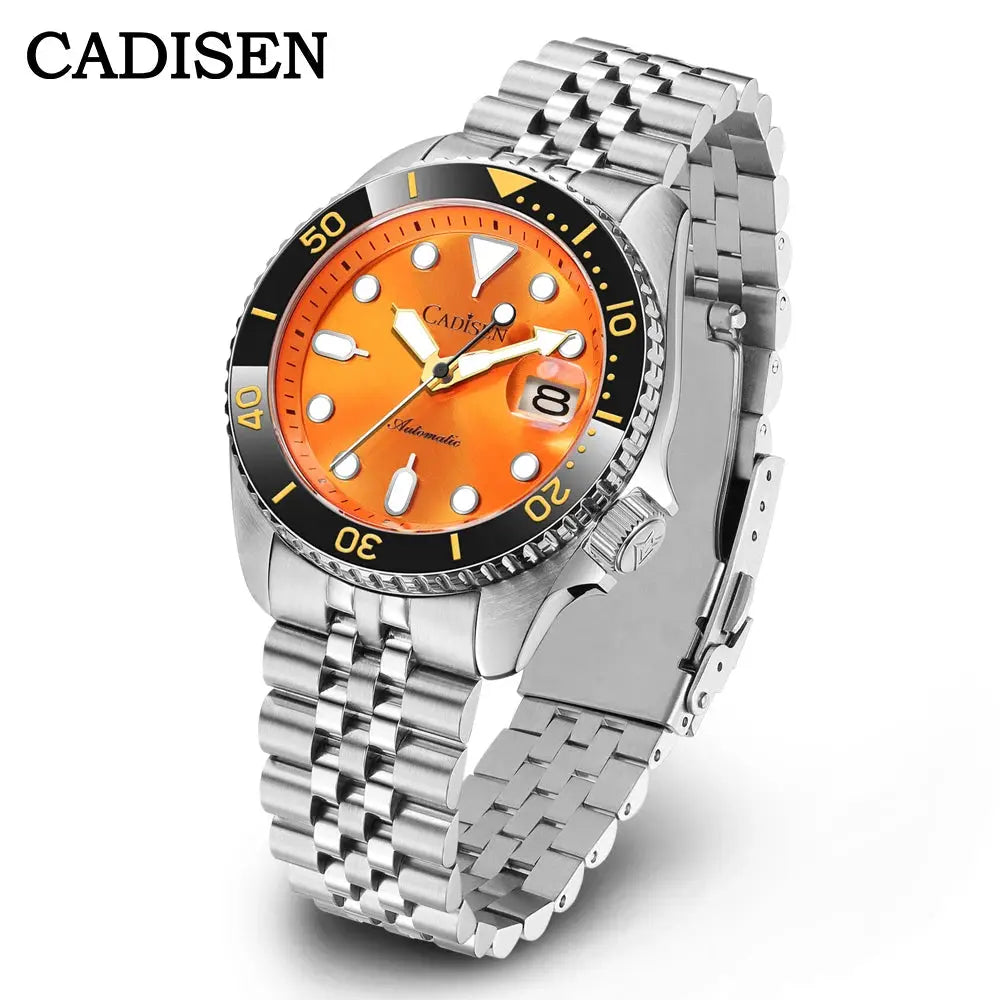 CADISEN men's stainless steel watch with orange dial, ceramic bezel, sapphire glass, automatic movement