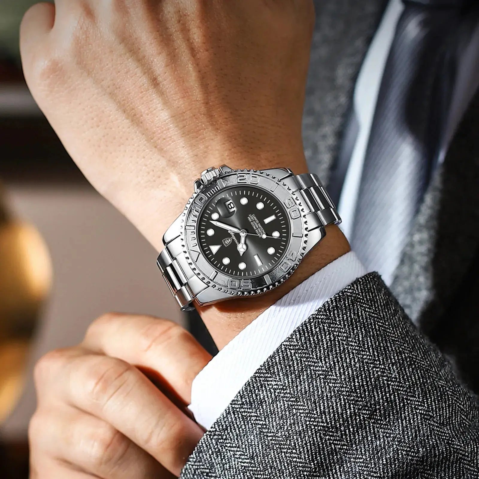 POEDAGAR luxury stainless steel men's watch with black dial and date window