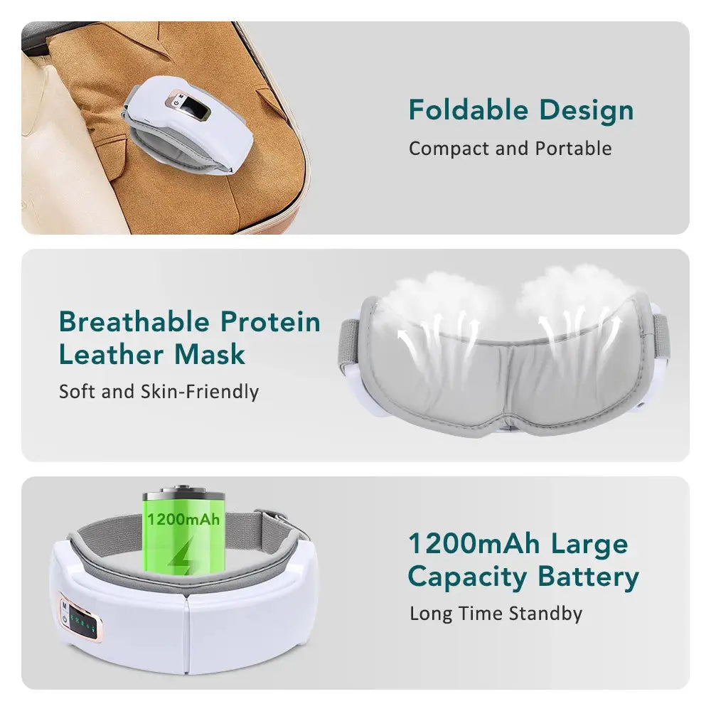 Simples Market foldable eye massager, white, with air-pressure airbags, vibration, heat, Bluetooth music and 1200mAh battery