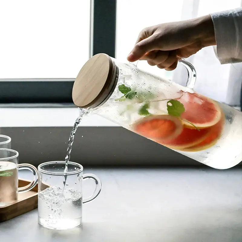 Thickened Borosilicate Glass Kettle With Bamboo Lid And Filter Cover 1000ML And 1500ML Capacity For Juice And Coffee