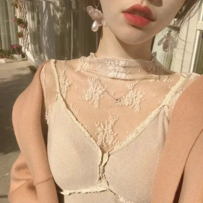 Beige mesh lace blouse with sheer floral yoke, long sleeves, see-through top.