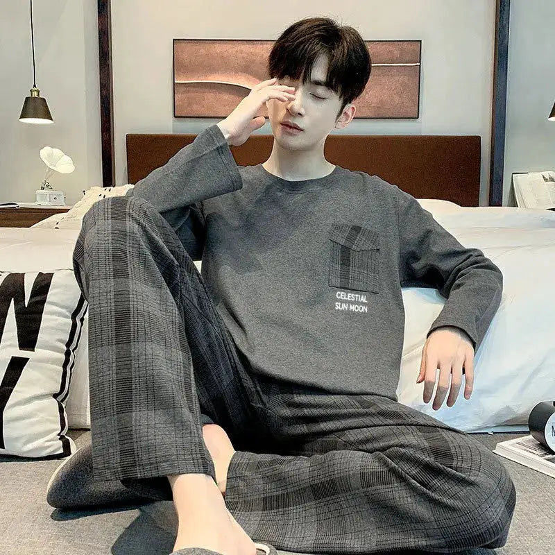 2PCS/Set Men Pajamas Long-Sleeved Korean Version of the Simple Button down Tops and Pants Nightwear Homewear Plaid Sleepwear