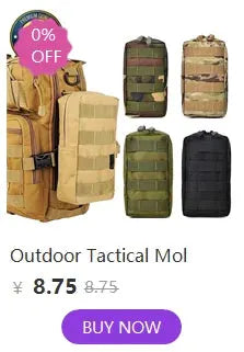 Outdoor tactical MOLLE gear set with nylon pouches in green, tan, olive and black beside a tan backpack