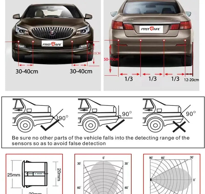 Simples Market FirstSafe CVBS AHD Video Parking 4-Sensor Car Reverse Radar Monitor System; brown sedan diagrams.