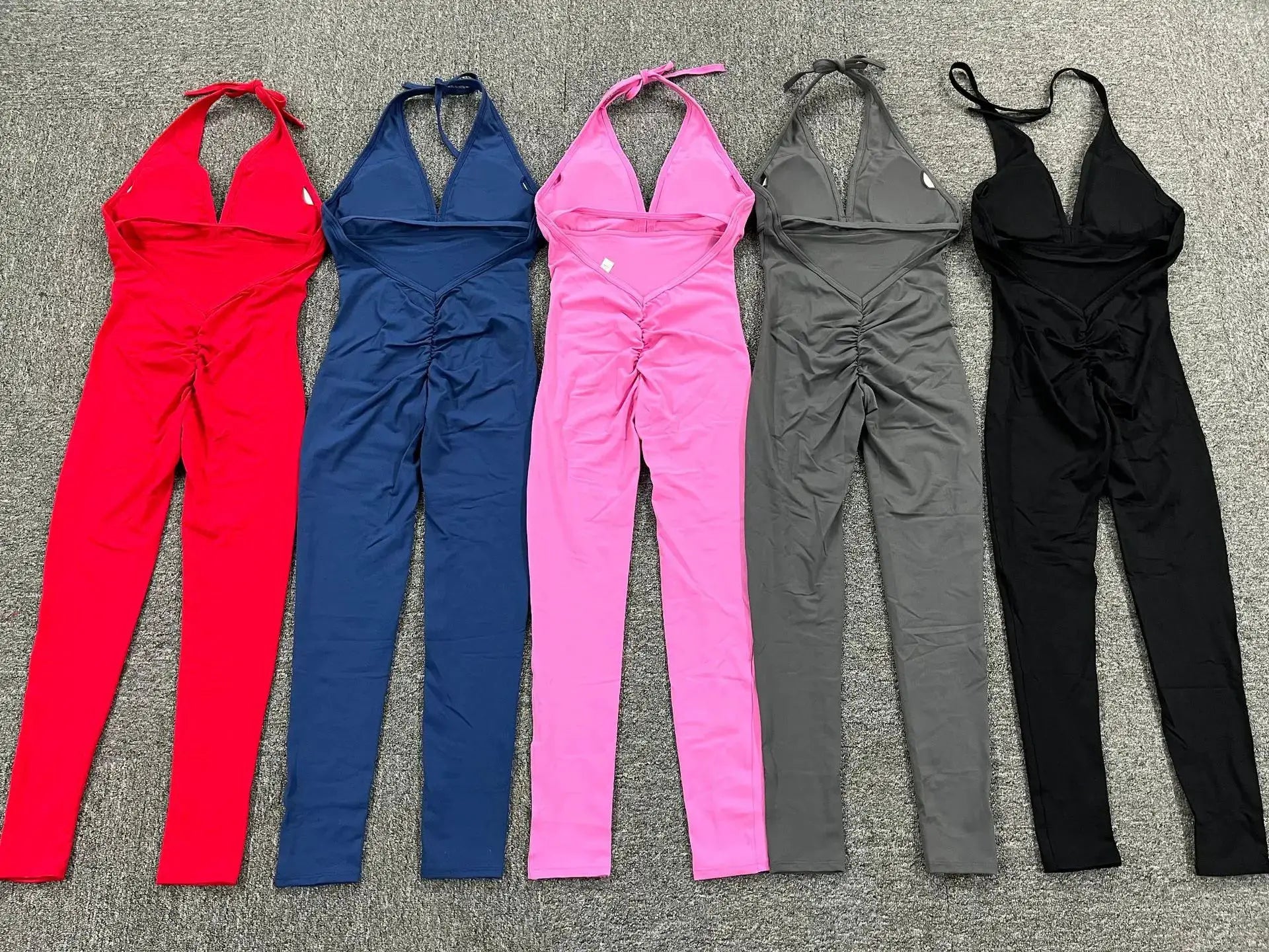 Sporty yoga jumpsuits set of 5 in red, navy, pink, gray, and black
