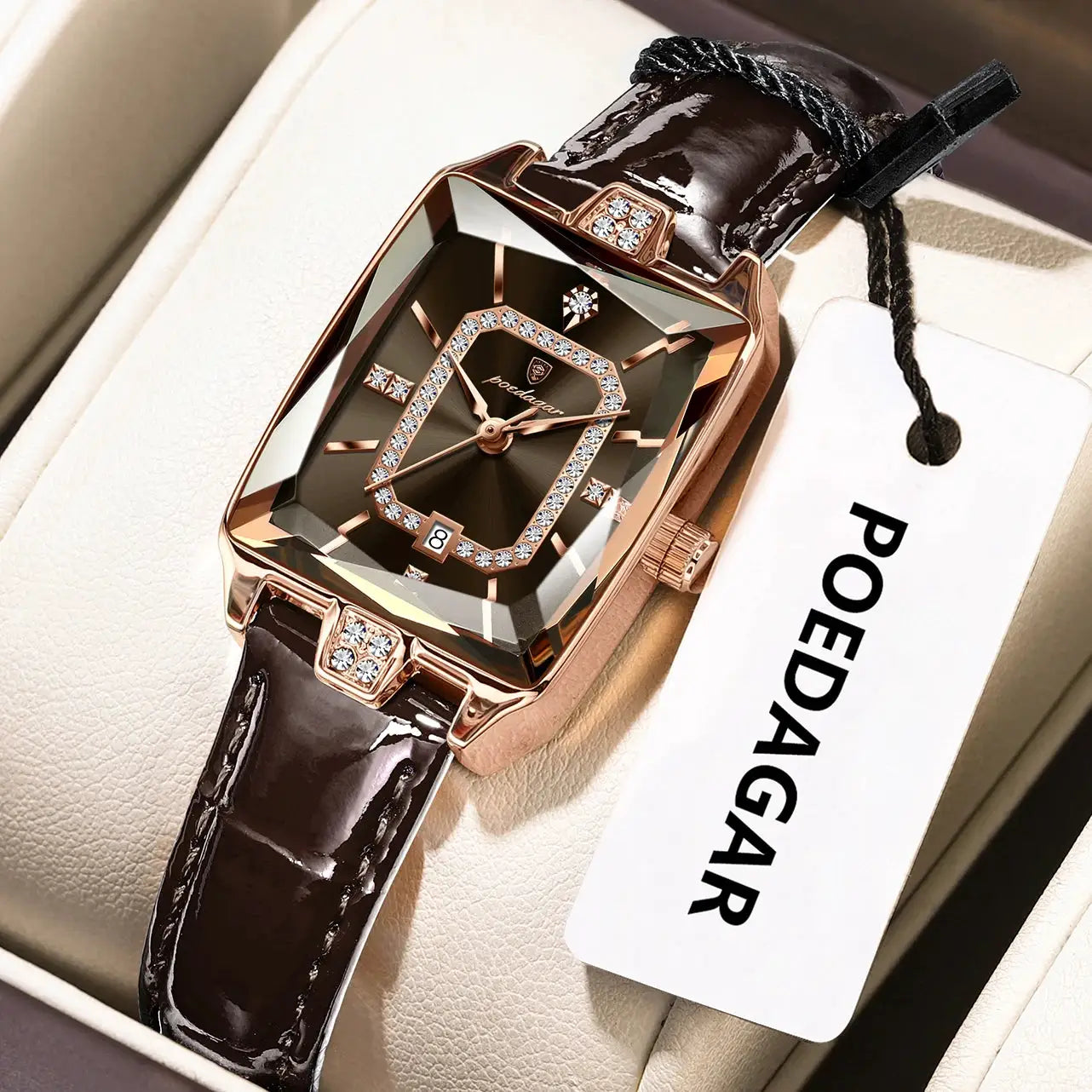 POEDAGAR luxury women's wristwatch with rose-gold square case, crystal-studded bezel, brown leather strap