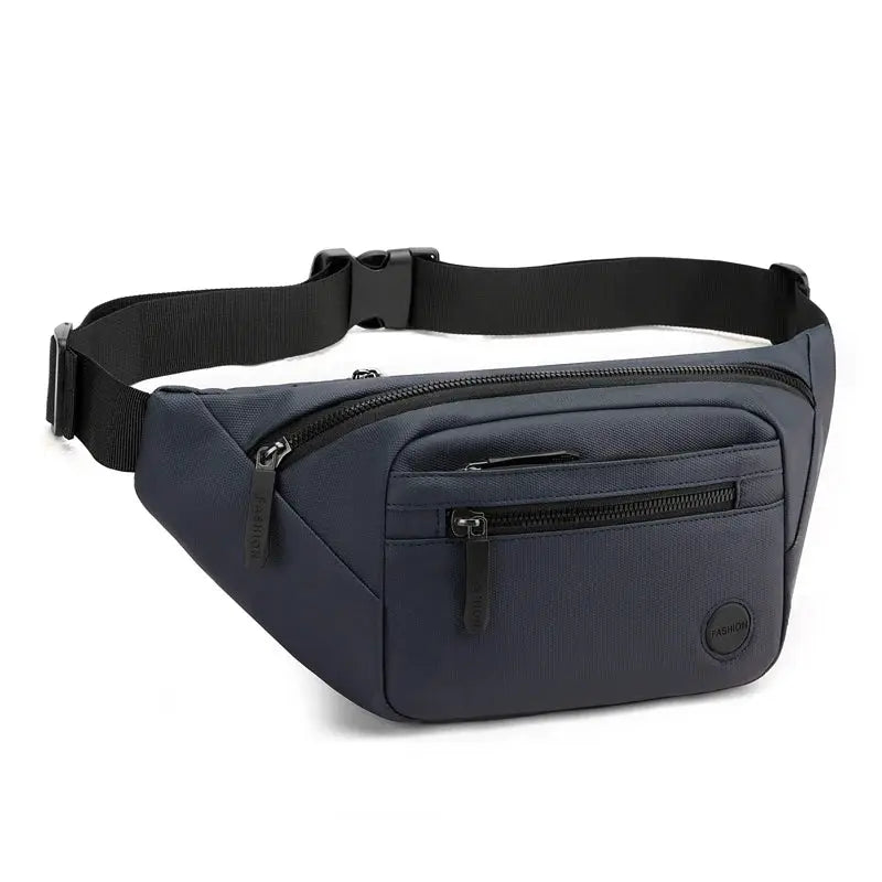 Waist bag hip pack, unisex waterproof navy pouch with multiple zip pockets and adjustable strap.