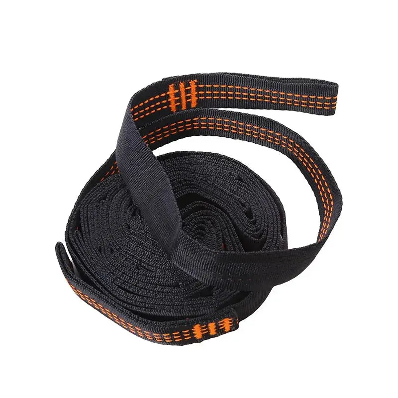 2-pack hammock straps, black polyester with orange stitching, 600lbs capacity, five-ring design