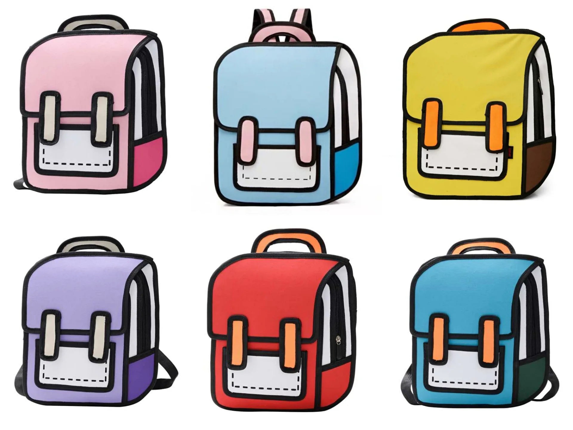 Two-Dimensional 3D multi-functional school backpacks for kids; nine colorful options in pink, blue, yellow, purple, red, teal from Simples Market