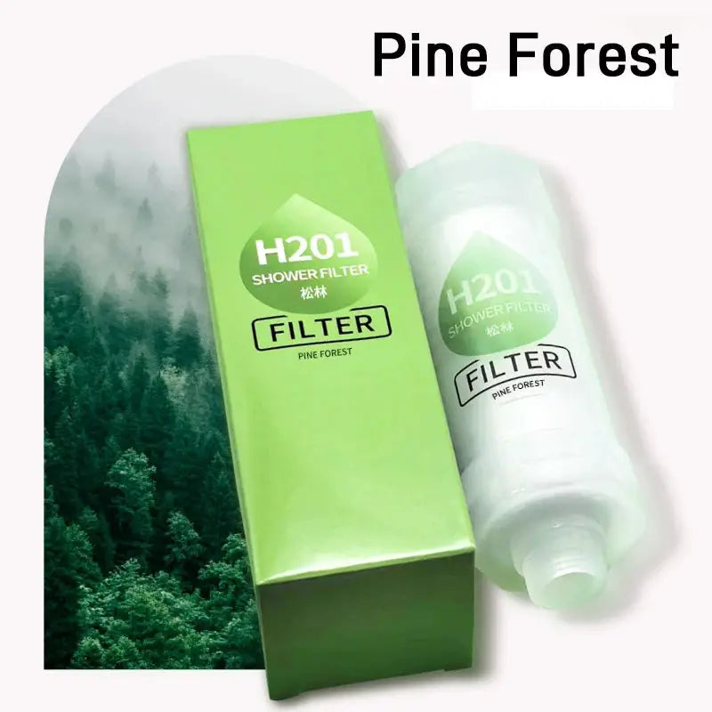 Shower filter set with Pine Forest scent, green box and clear bottle (two items)