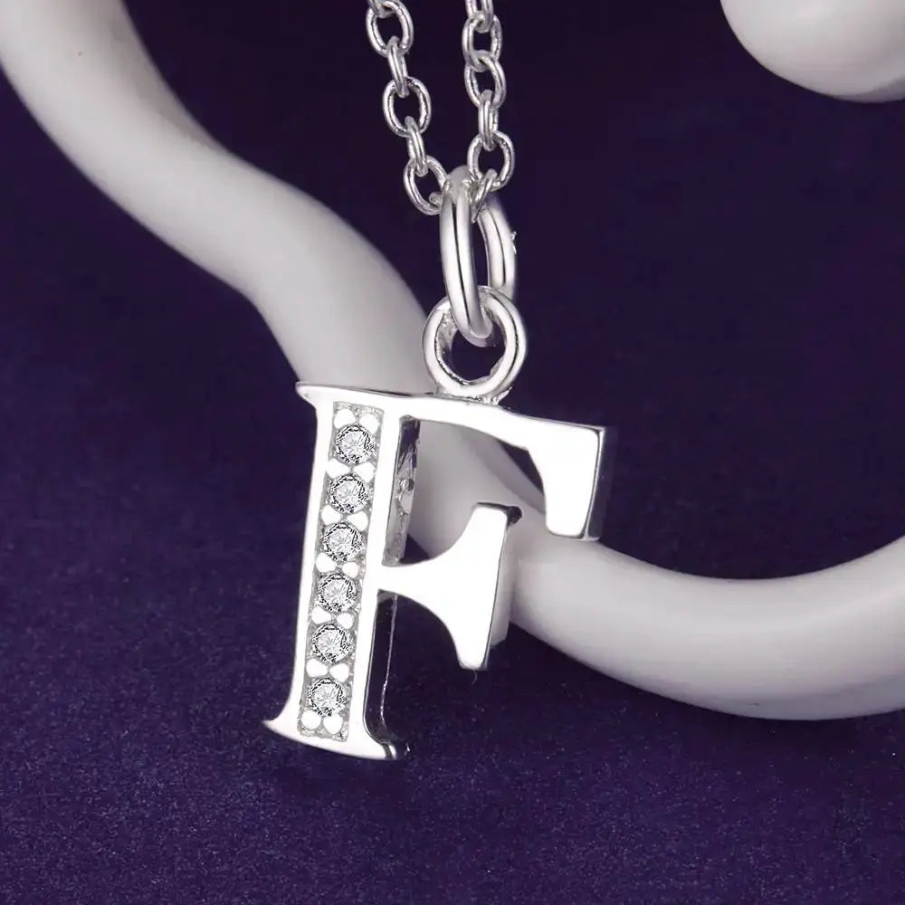 Sterling silver letter pendant necklace with zircon stones on chain