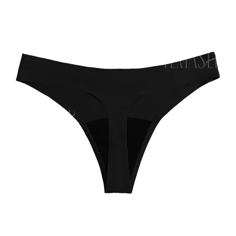 Black seamless low-waist menstrual thong panty for light-flow, leak-proof 4-layer design