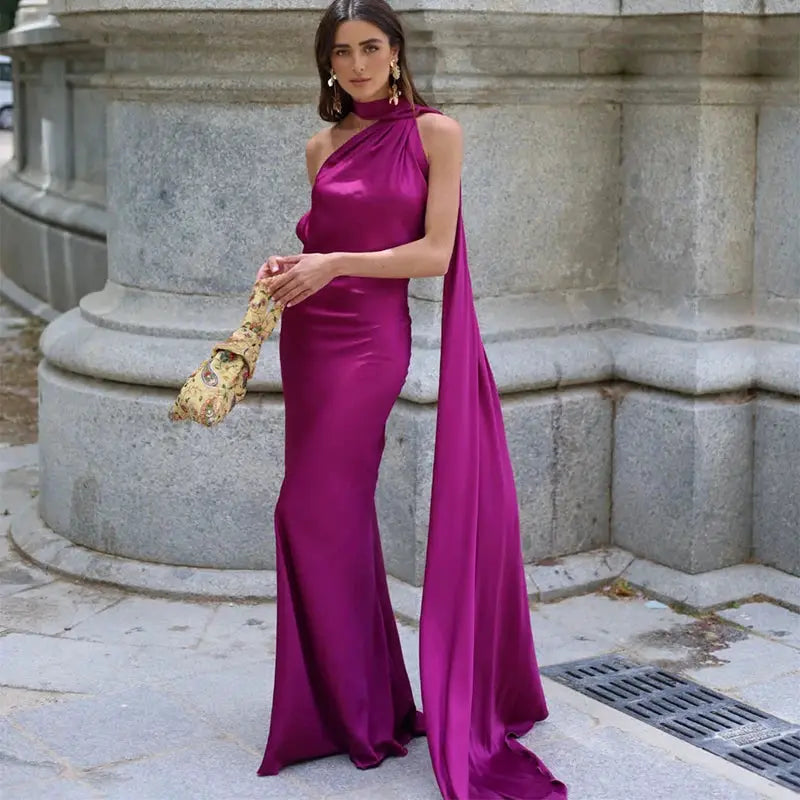 Elegant Ribbon Halter Dress Slim Fit Backless Maxi Off Shoulder Sleeveless Party Dress For Summer