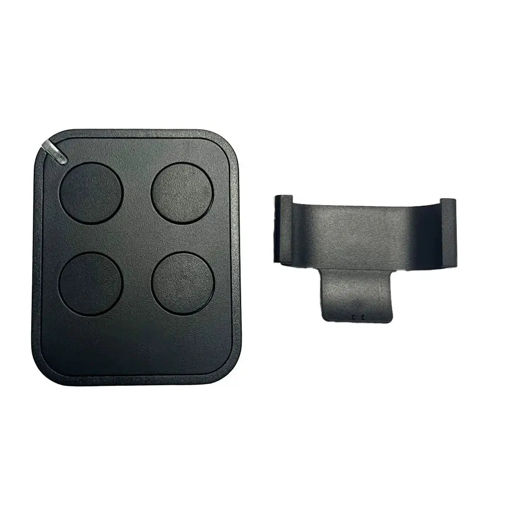Garage door remote control Simples Market; black four-button handheld with mounting clip, 2-piece set