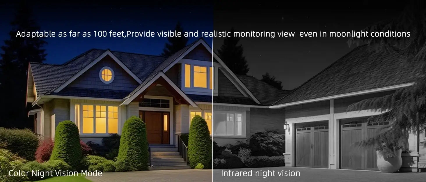 Simples Market outdoor WiFi security camera split-screen display with color night vision on the left and infrared night vision on the right.