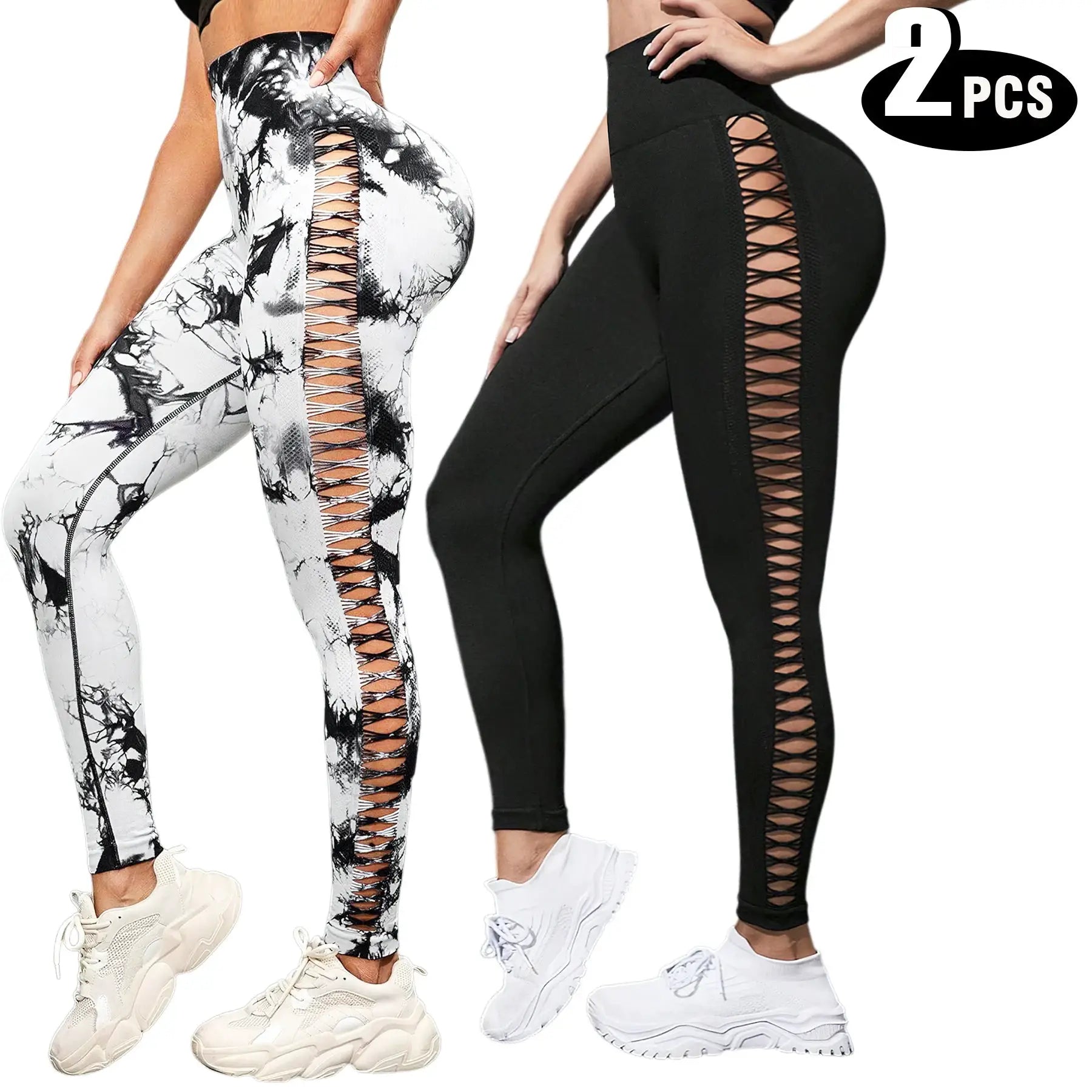 2-pack women's high-waisted seamless yoga leggings with lattice side panels; black and white marble pattern