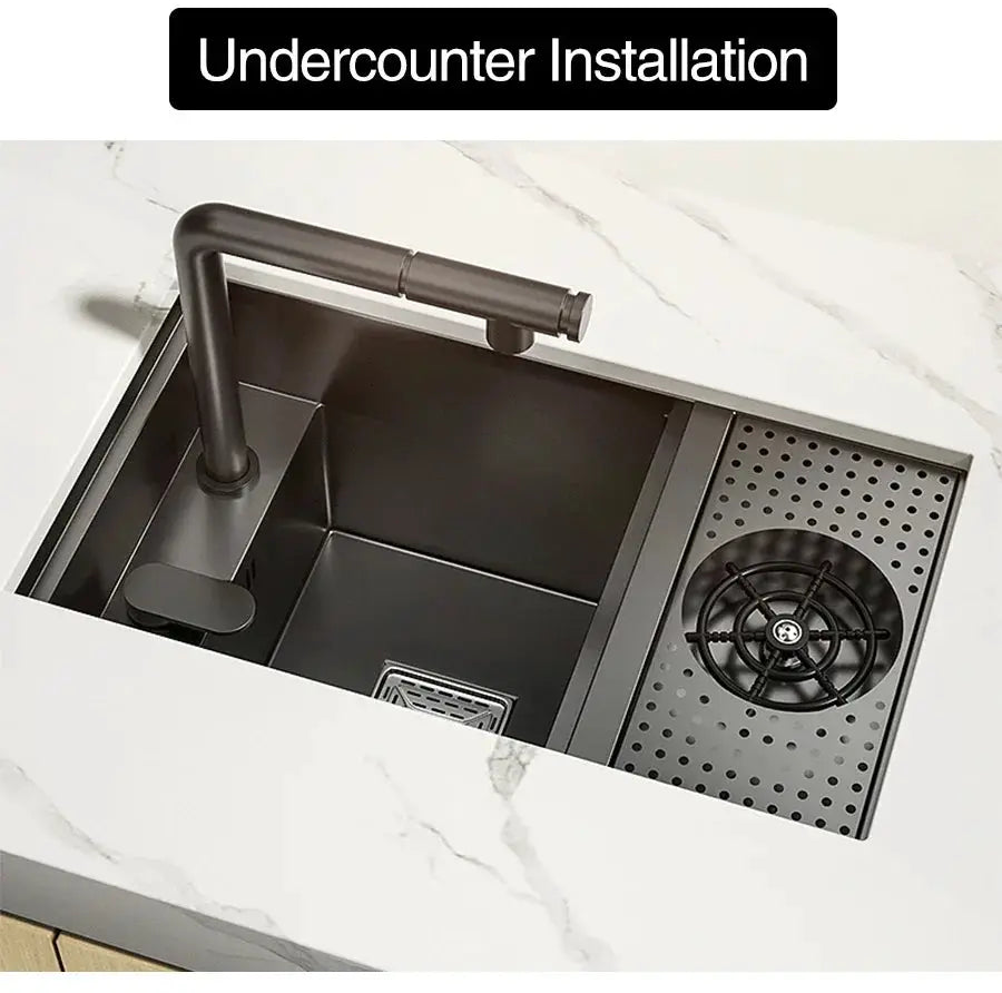 ASRAS Nano black undercounter single-bowl kitchen sink with lifting faucet and cup-washer area