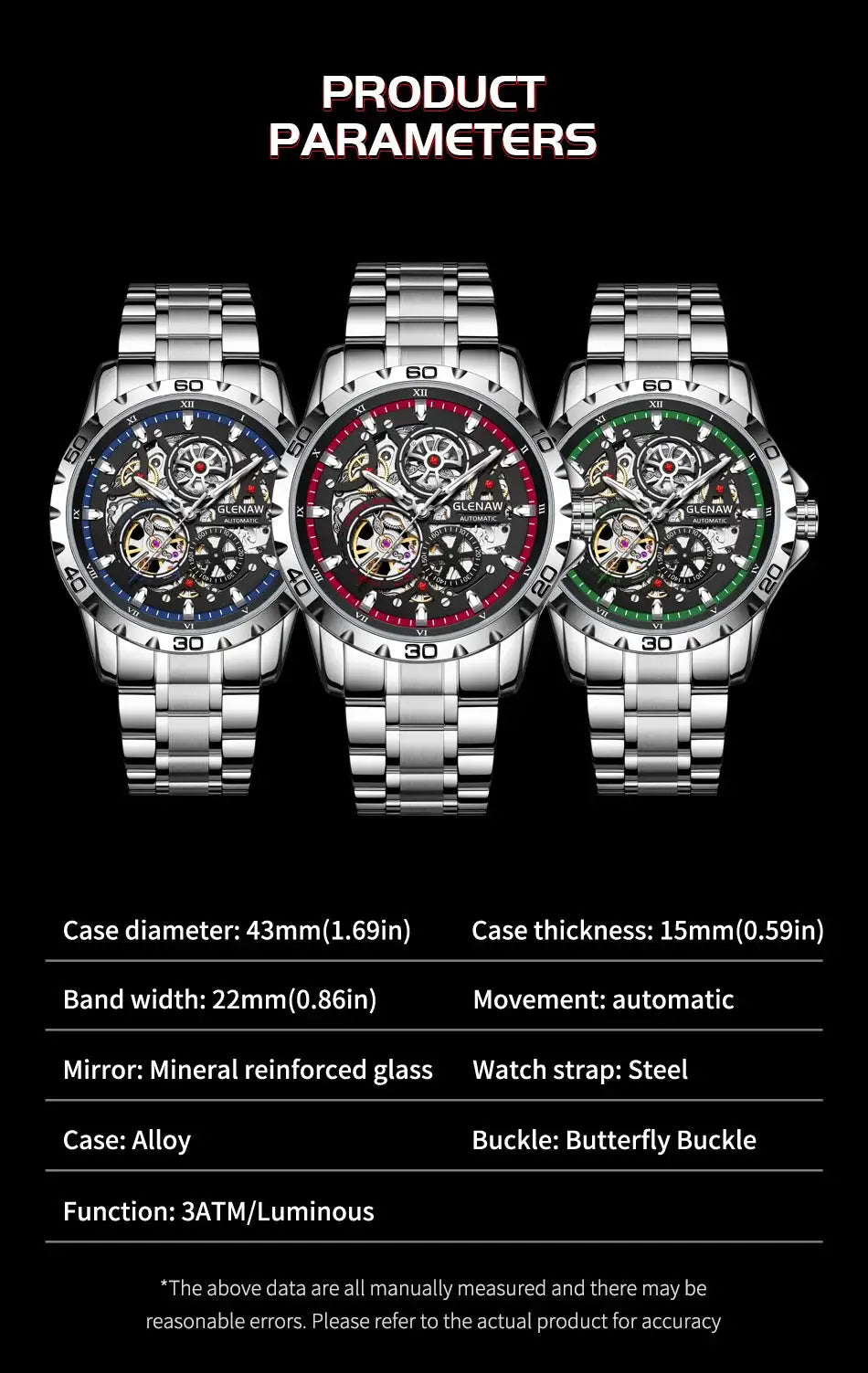 GLENAW skeleton automatic men's watch trio with stainless steel bands and blue, red, and green bezels