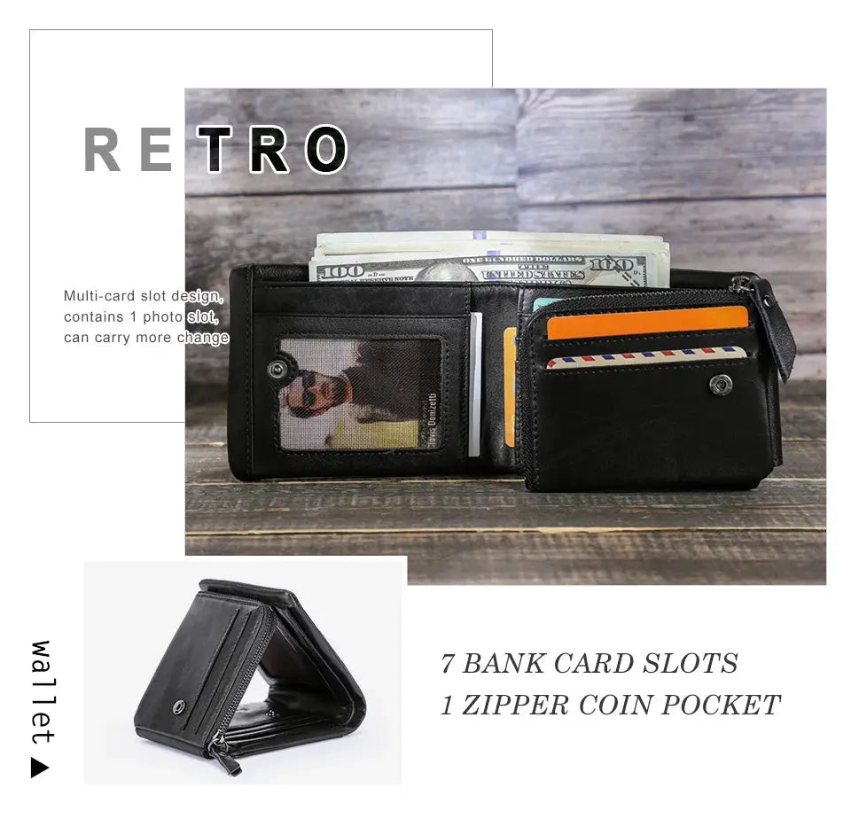 CONTACT'S genuine Crazy Horse leather men's wallet, black vintage tri-fold with zip coin pocket and 7 card slots.