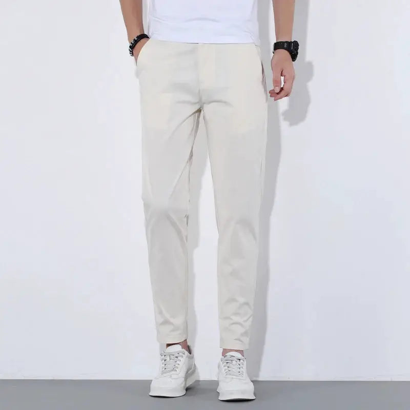 HIQOR men's cream cotton casual pants, breathable long summer trousers