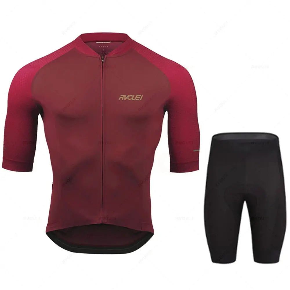 Rvouei Pro Team cycling jersey and black shorts set; red breathable jersey with front zip.