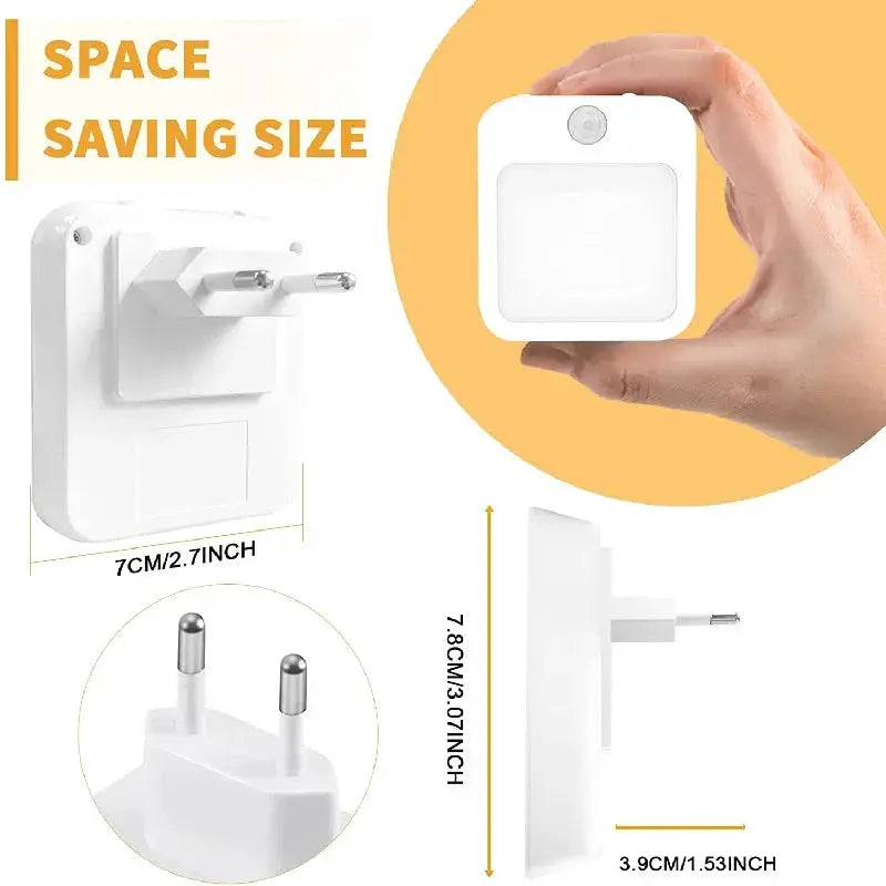 Night light by Simples Market, white square motion-sensor LED plug-in lamp with EU/US plug for bedside.