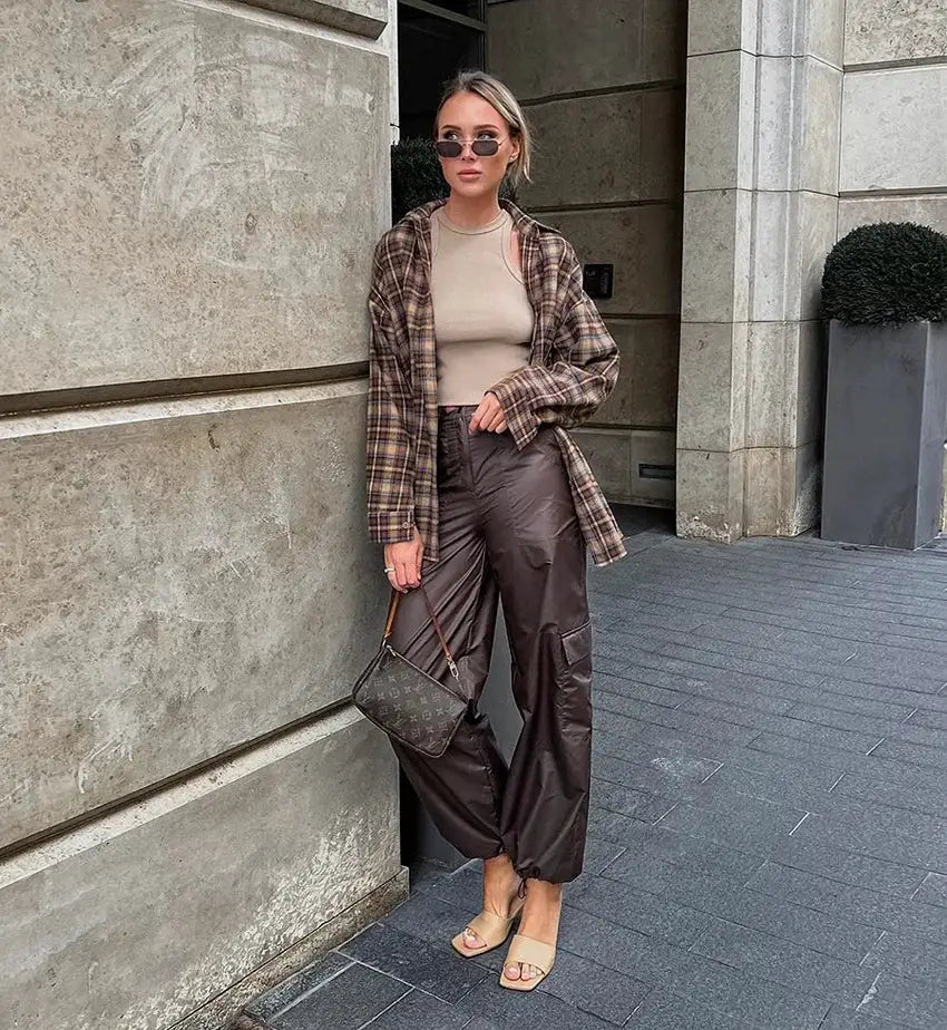 Spring Autumn Vintage Plaid Checkered Shirt – Simples Market women's long-sleeve loose casual blouse in brown plaid