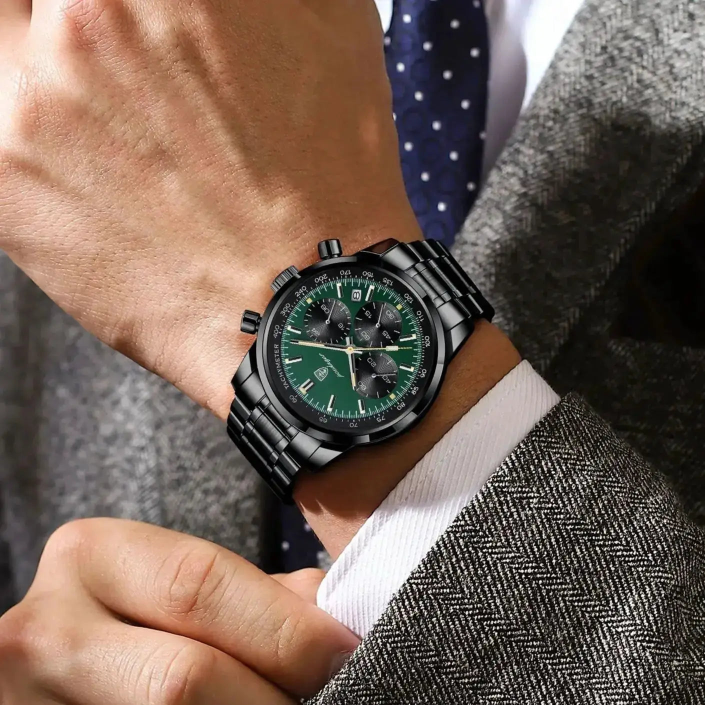 POEDAGAR luxury men's chronograph watch with black stainless steel band and green dial with tachymeter bezel