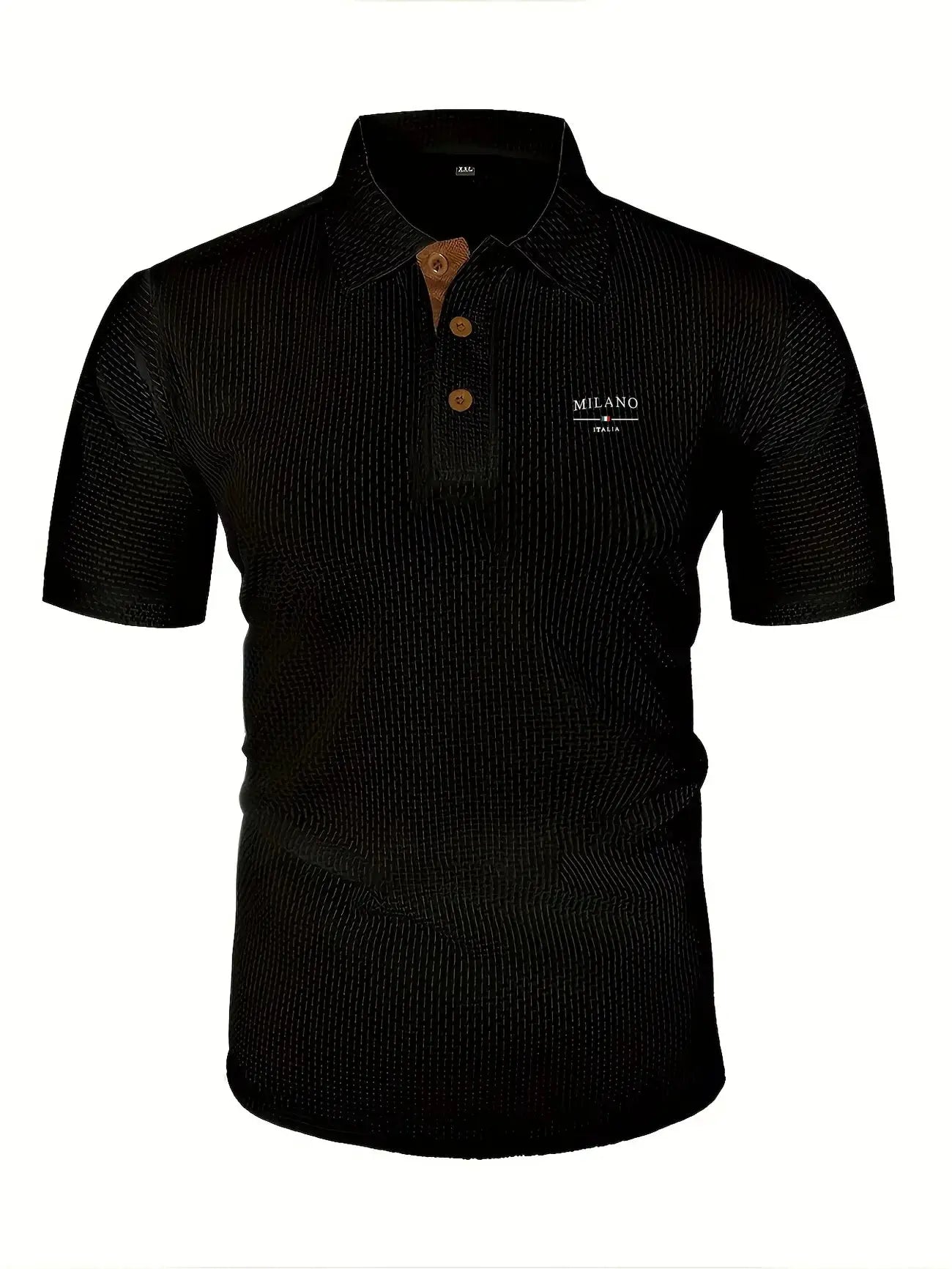 Men's black polo shirt by Simples Market with brown button placket and Milano Italia logo.