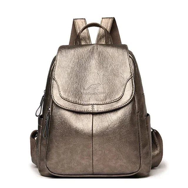 Leather backpack for women, bronze metallic finish, Simples Market brand