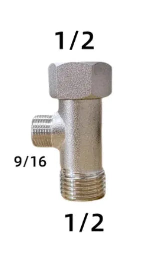 Brass T-valve adapter with 1/2 in inlet/outlet and 9/16 in side outlet for toilet bidet sprayer fittings
