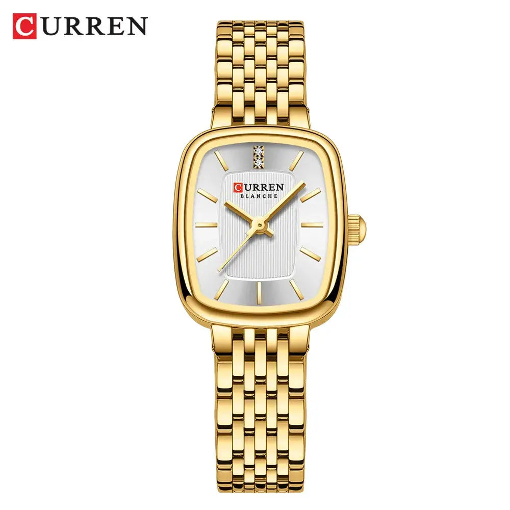 Curren women's gold-tone quartz wristwatch with diamond marker on silver dial and gold bracelet