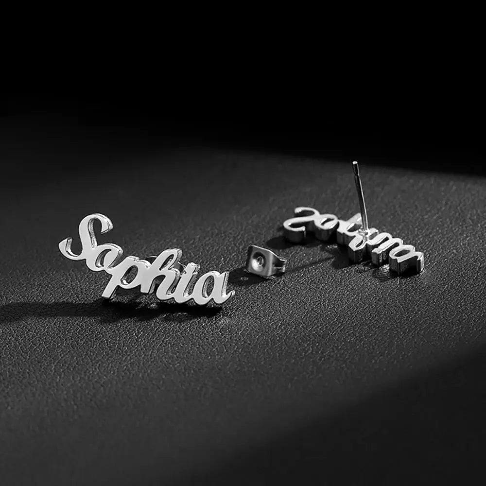 Custom name stud earrings in stainless steel spelling Sophia; pair.