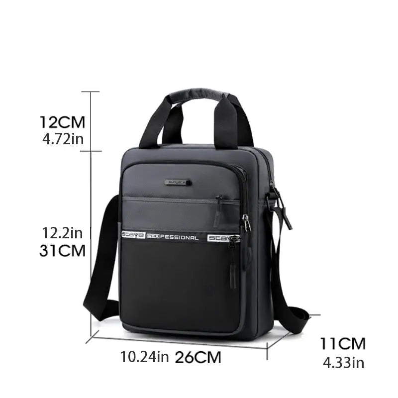 Men's crossbody bag in black/gray with adjustable strap and front zip pockets.