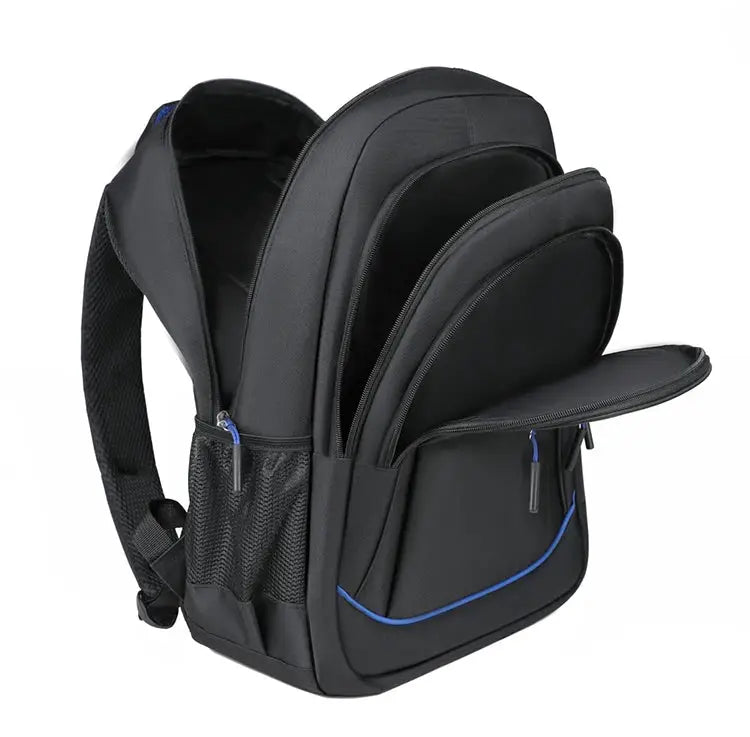 Backpack Simples Market, black unisex large-capacity backpack with blue zipper accents and multiple compartments.