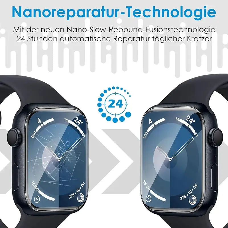Simples Market 5-pack hydrogel screen protectors for Apple Watch; two Apple Watches shown (38–49mm).