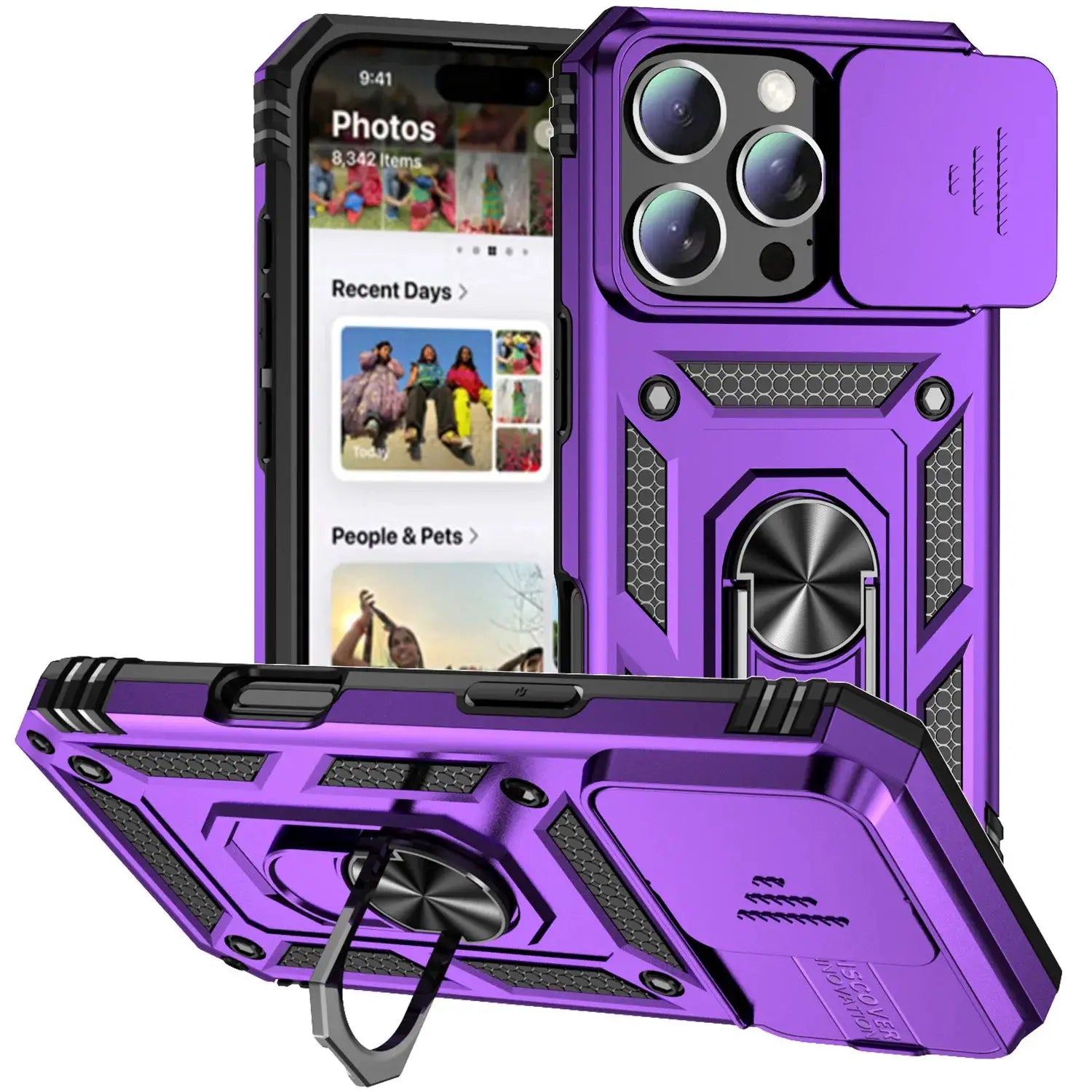 Purple Simples Market rugged armor case with rotating ring stand and camera lens protection for iPhone 11–17 series