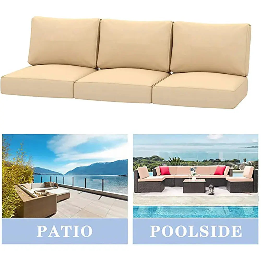 Beige outdoor sofa cushion set, 6 pieces for patio or poolside seating.