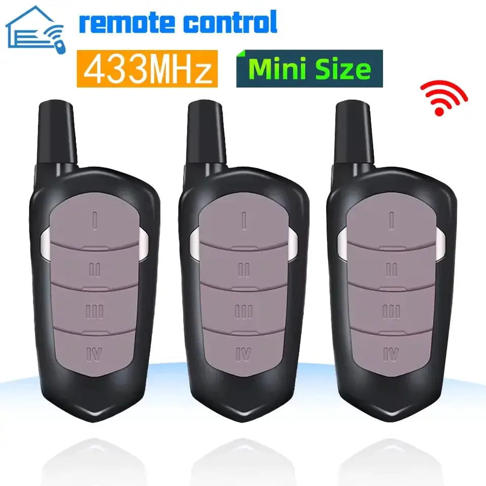 Garage remote control duplicator, three black remotes with purple panels, 433MHz mini size