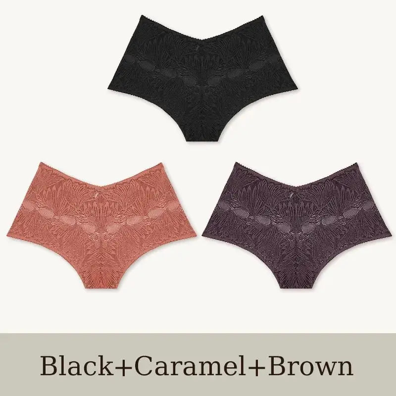 3-pack Simples Market women's seamless lace briefs in black, caramel, and brown; low-rise, breathable underwear