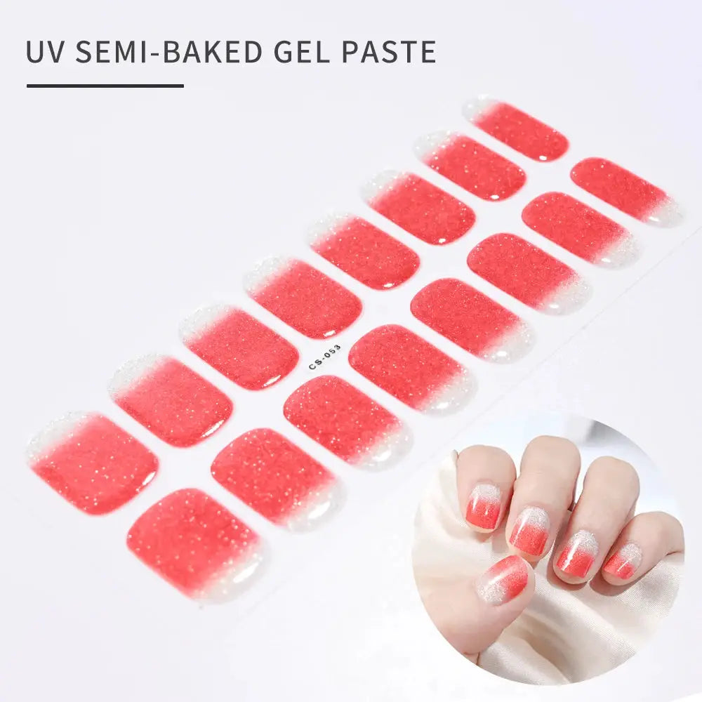 16Tips red gradient French nail stickers with silver glitter tips for full-cover UV gel nails