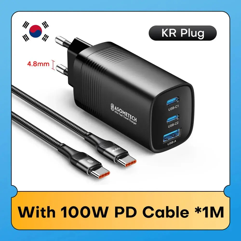 ASOMETECH GaN USB-C charger 65W/45W PPS PD QC4.0 with 3 ports (USB-C1, USB-C2, USB-A) and 1m PD cable; KR Plug