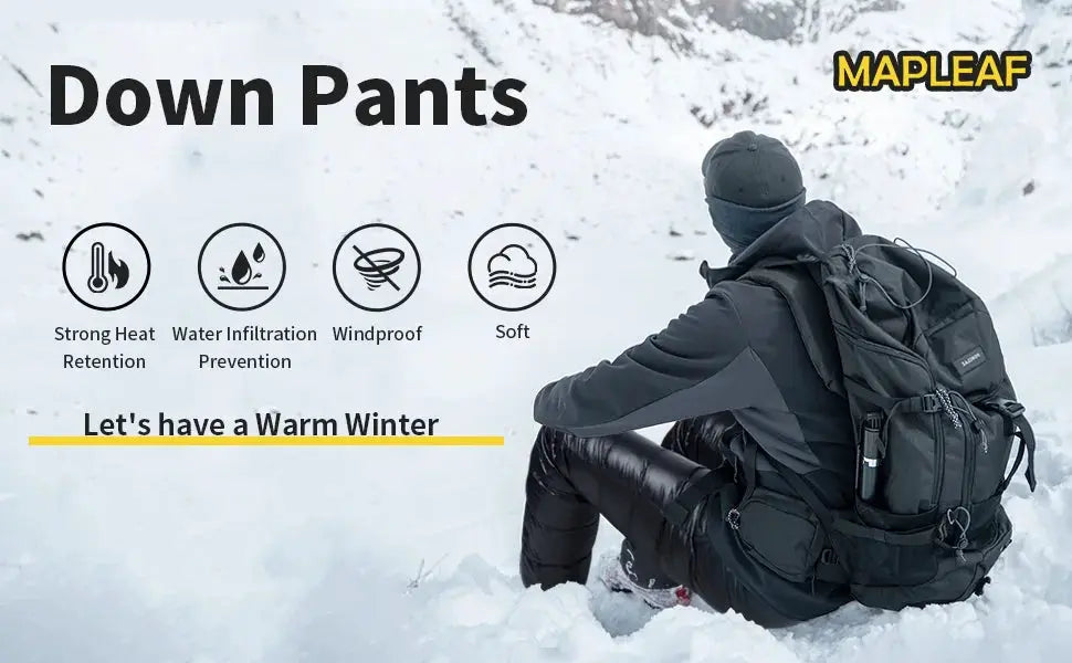 MAPLEAF Down Pants, black ultralight warm down trousers for hiking.