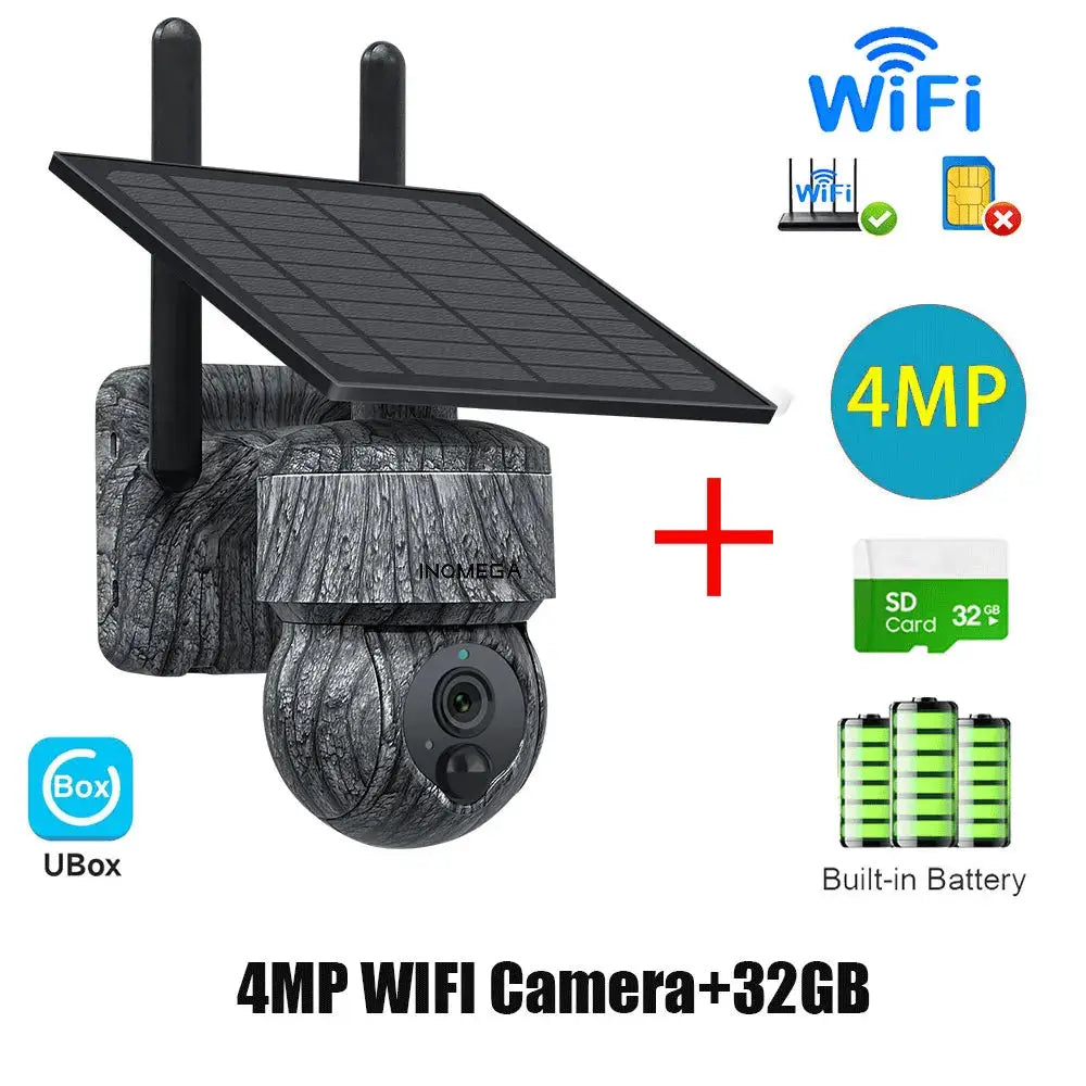 INOMEGA 4MP WiFi solar PTZ CCTV camera with built-in battery and 32GB SD card, dual antennas, outdoor security
