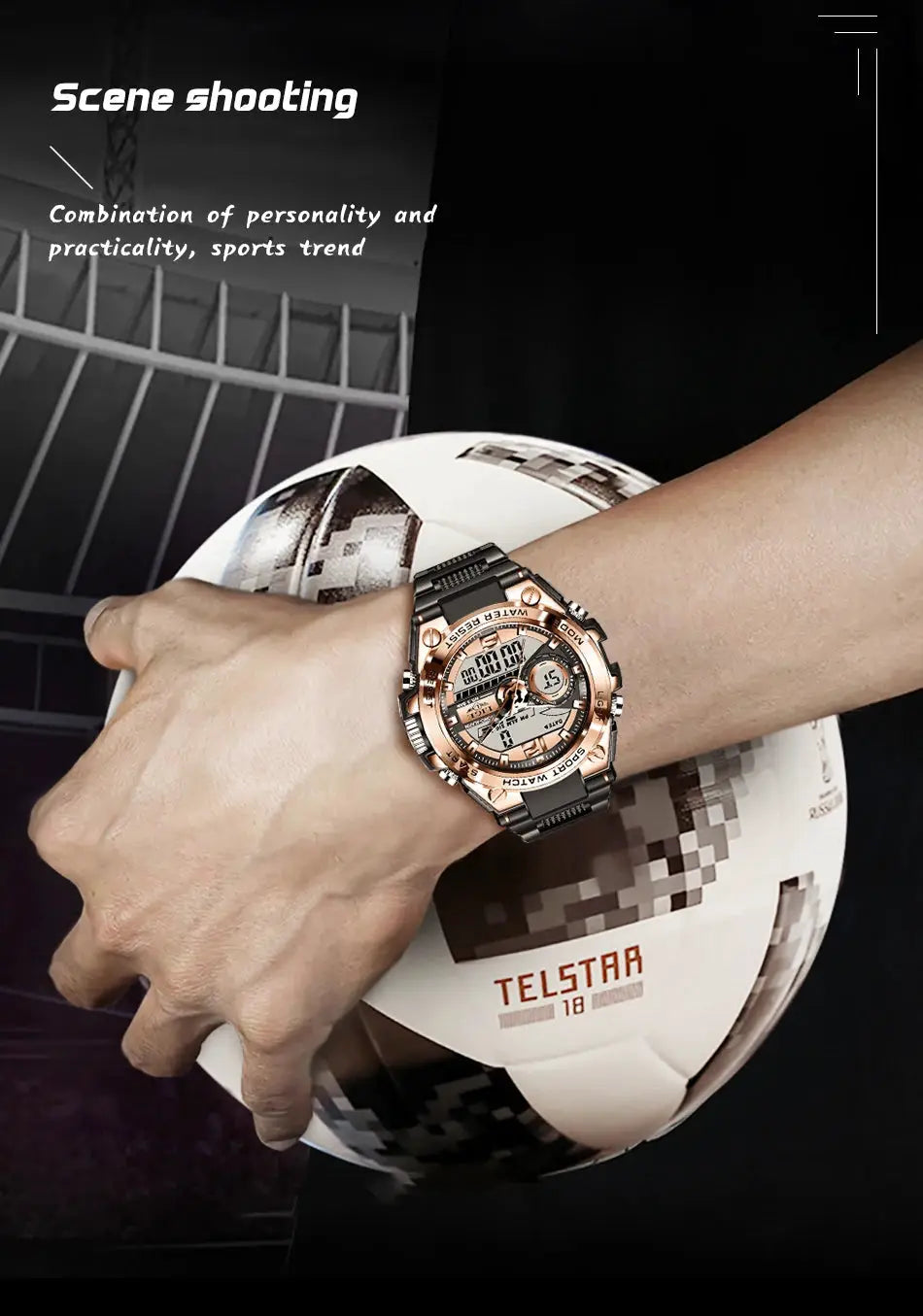 LIGE men's military digital-analog watch with rose-gold bezel and black strap, 50m water resistant