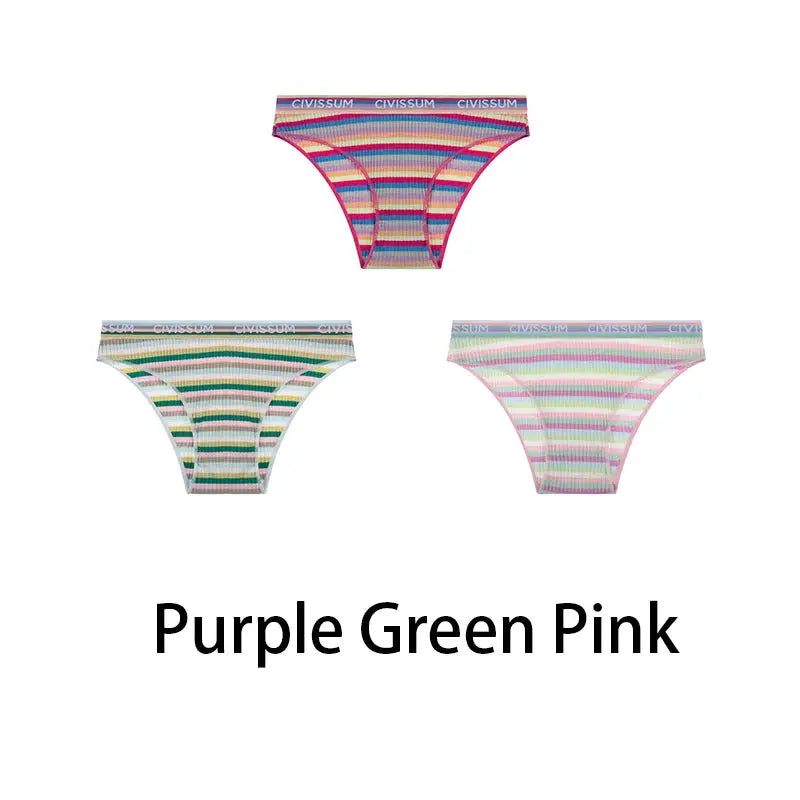 3-pack women's cotton hipster panties with rainbow striped pattern, low waist, Civissum waistband